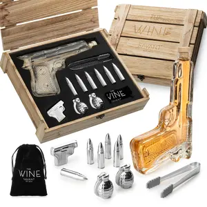 The Wine Savant Gifts for Men Dad, Whiskey Decanter Set - 9 Oz with Two 2 Oz Glasses + Bullet Chillers Gun Birthday, Home Bar, Drinking Military Present Dispenser, Him Husband, Bar