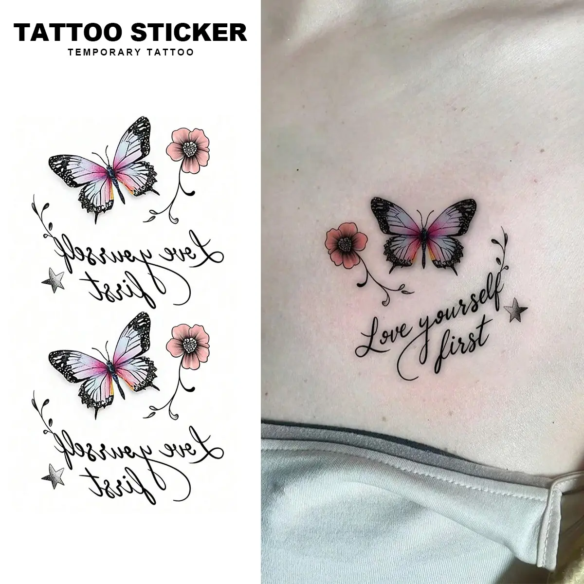 2 PCS Waterproof Long Lasting Semi Permanent Butterfly Floral Temporary Tattoos Love Yourself First Self Love Quote Script Fake Tattoo Stickers Coquette Delicate Colorful Flower Body Art Decals For Shoulder Back Arm Women
