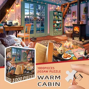70x50cm 1000pcs Warm Cabin Puzzle - Winter Cottage Scene with Cozy Fireplace, Books & Candles - 28x20 Inch Large Jigsaw Puzzles - Ideal Christmas, Birthday Gift for Adults & Families - Home Decor, Puzzle Accessories