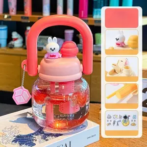 Cute Bear & Rabbit Kids Water Bottle with Big Handle | Leakproof Straw Cup with Tea Infuser | Portable Travel Tumbler for Girls & Boys