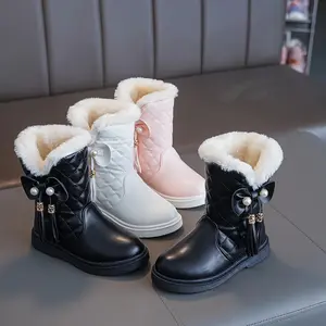 Girls' Winter Snow Boots - Slip-On Mid-Calf with Plush Lining, Round Toe & Rubber Sole, Warm Casual Streetwear Boots for Youngsters & Youngsters, Black & White, Youngsters Winter Boots, Youngsters'S Footwear, Stylish Youngsters'S Footwear, Durable Youngst