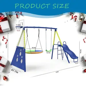 5-In-1 Heavy-Duty Kids Outdoor Swing Set W/ Slide Saucer Swing Seat Soccer Goal Basketball Hoop Backyard Playset 440LBS