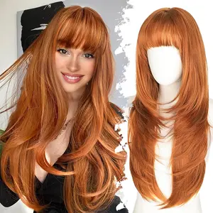 Ginger Long Straight Layered Wig with Bangs for Women 26 inch Put on Go Realistic Synthetic Fiber Heat Resistant Natural Wig for Girls Party Cosplay and Daily Use