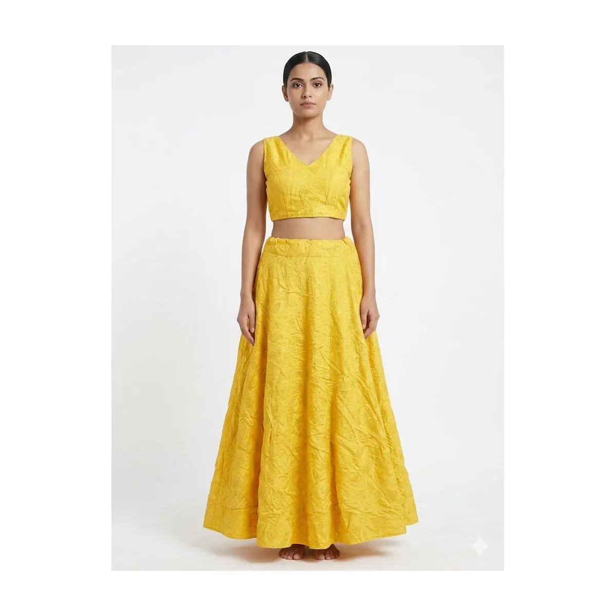 #K60 Vibrant Yellow Crinkled  V‑Neck Crop Top (Unstitched sleeve attached)& Flared Maxi Skirt/lehenga Set