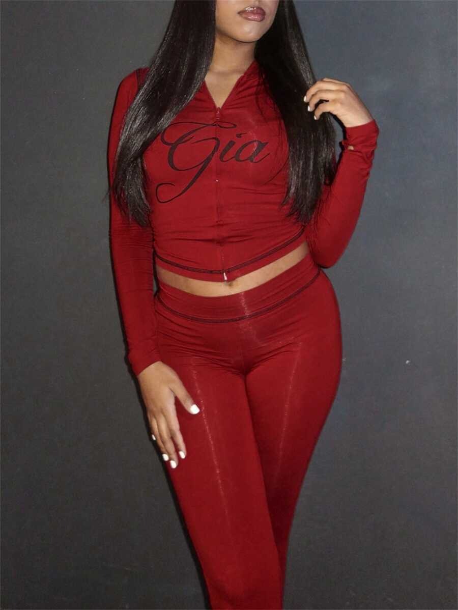 Gia Logo Party Two Piece Set – Y2K Zip Up Crop Top & Flare Pants, Trendy Streetwear for Summer Parties, Pool Days, Memorial Day & Hot Girl Summer 2026, Slim Fit Stretchy Fabric