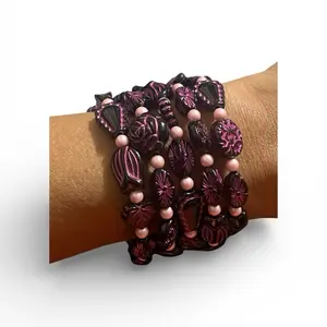 Black Cherry Blossom Multilayer Stack Baroque & Seed Bead Memory Wire Wrap Bracelet One Size Fits Most Durable Lightweight Easy To Wear Multi-Strand Look Variety of Colors Chic Boho Black Stainless Steel Memory Wire