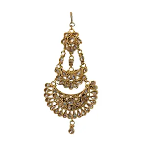 LoveNspire Female Kundan-Rhinestone Maang Tikka, Women's Bridal Headpiece Accessory with Adjustable Alloy Metal Chain, Ethnic Pendant for Weddings, Festivals, Fashion Hair Accessories