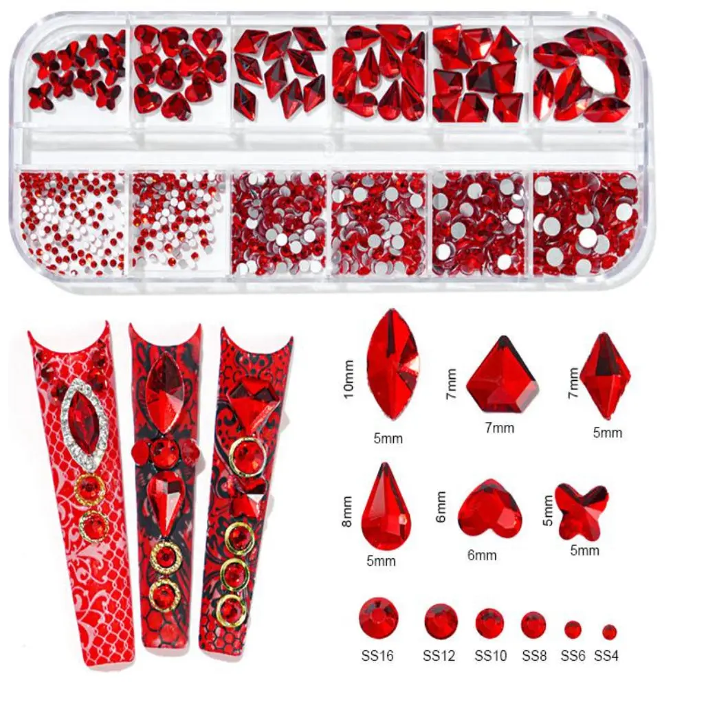 Nail Charms, Elegant Rhinestone Decorated 3D Nail Art Accessories with Multi-Shaped Flat Back Studs and Heart Accents, Rhinestone Decorated Heart