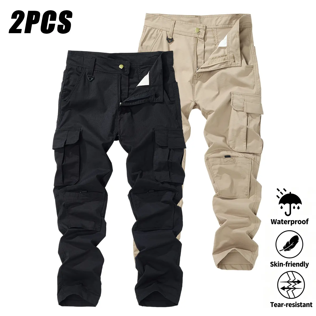 Purebeat Menswear 2-Pack Mid-Waist Plain Straight Leg Cargo Pants - Durable Soft Shell, Multiple Pockets, Machine Washable Tactical Casual Wear Bottoms for Outdoor Casual Training, Spring & Autumn