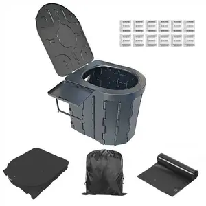 Adult portable camping toilet - trash can, portable folding toilet with lid - trash can, with paper holder - phone holder
