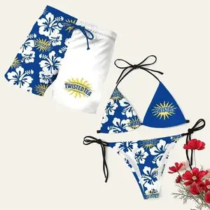 Tw!sted Tea 2 Swimwear Set for Couples - Swim Bra & Tie Side Thong Bikini + Men's Beach Shorts, Summer Vacation Swimsuit, Hawaiian Short, Aloha Beach Outfit, Casual Holiday