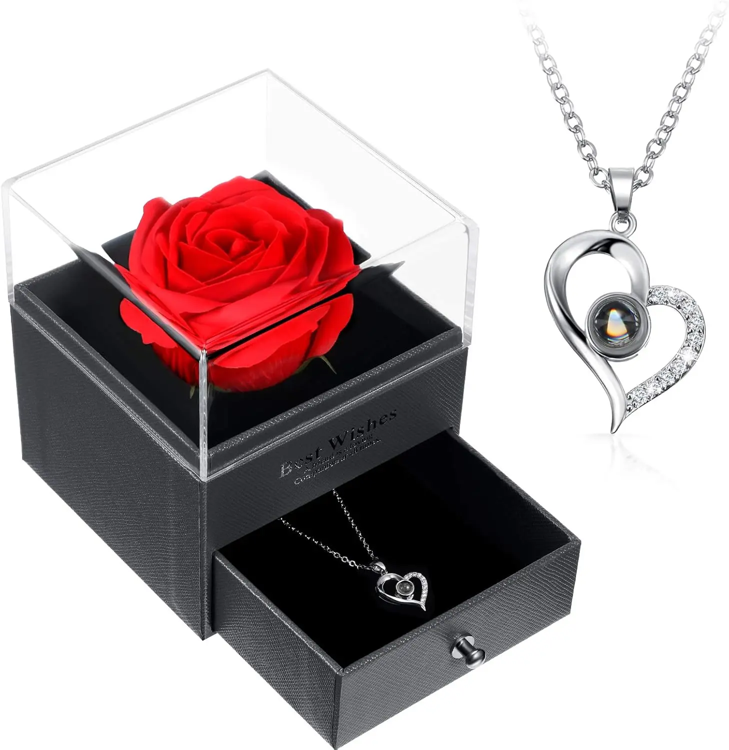 Romantic 'I Love You' Projection Necklace - 100 Languages Love Message Pendant with Real Preserved Rose in Gift Box - Anniversary & Birthday Jewelry for Her, Wife, Girlfriend, Mom