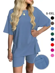 Women's Solid Color T-Shirt and Tight Shorts Set, Summer Comfort Round Neck Sleepwear, Pocket Design, Outdoor Wear Loungewear