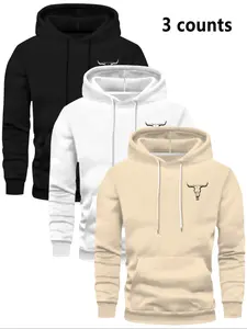 Men's Bull Head Print Fleece Hoodie Sweatshirts Long Sleeve, Casual Unisex Letter Pattern Graphic, Fall & Winter Fitted Pullover, 3 Pack Set