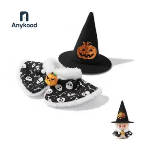 Halloween Labubu Outfit for 15-17cm Dolls Sparkly Pumpkin Detail on Hat & Brooch Perfect for Cosplay & TikTok Videos Soft Black Cape with White Skull Patterns