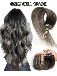 Black Gray Balayage Wire Hair Extensions Real Human Hair Cool Splice Reusable,Micro Link Human Hair Extensions, Increase Volume and Length, Dye Highlights Micro Bead Hair