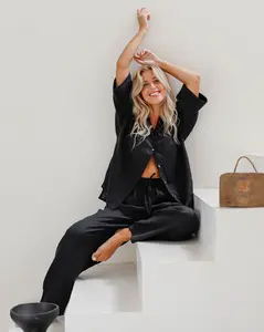 100% Linen Pajamas Women Set, Black Cooling Pajama Perfect for Hot Summer Nights, Women Loungewear Soft and Breathable, 2 Piece Womens Set In Size L