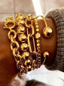 5pcs Vintage Exaggerated Minimalist Old Coin Design Bracelet Set, Chunky Chain & Bead, Stacked Design Bracelets, Ideal for Dates, Vacations, Parties, Gifts for Women, High Quality Bracelet