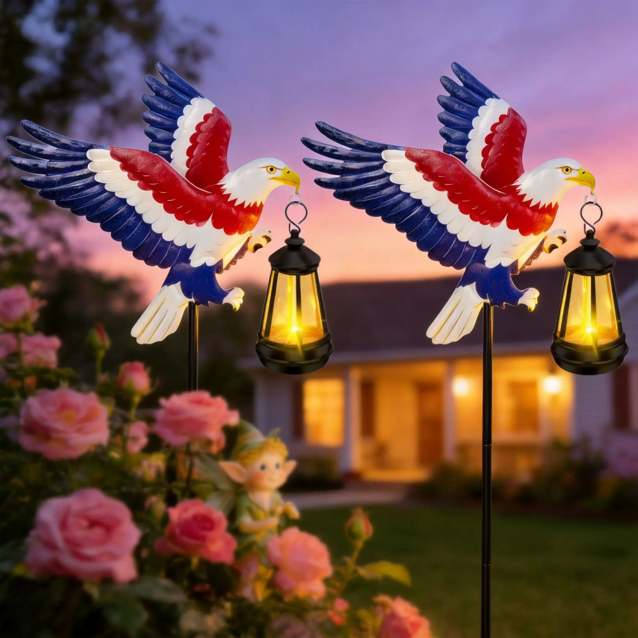 Solar Eagle Garden Stake Lights –Solar lights outdoor waterproof USA 250th Anniversary Metal Patriotic Eagle Lights with Solar Lantern –Decorative Stake Lights for Independence, Memorial, Veterans Day(2-piece Set) Solar Garden lights