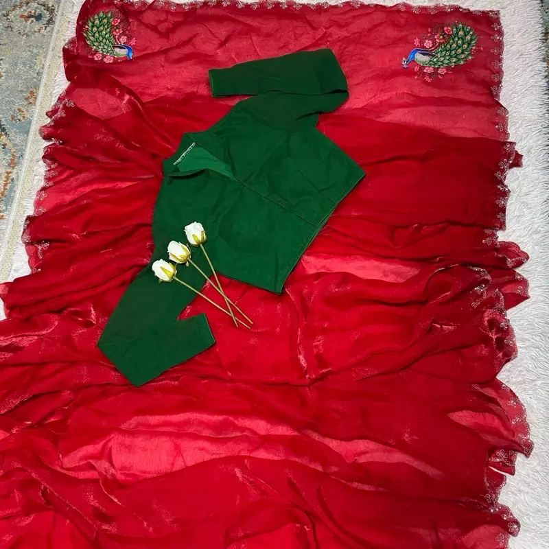 Women's Teej-Special Fandy Silk Saree with Green Blouse (Pico Done)