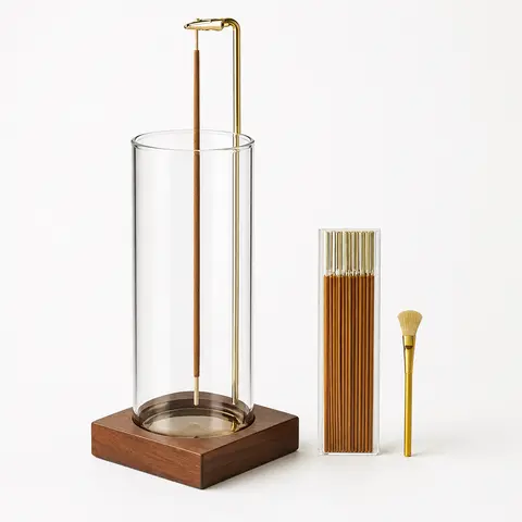 Glass Incense Holder with Wooden Base – Anti-Ash Incense Burner for Sticks, Includes 20 Incense Sticks, Ideal for Meditation, Yoga, Relaxation, Spa & Home Decor