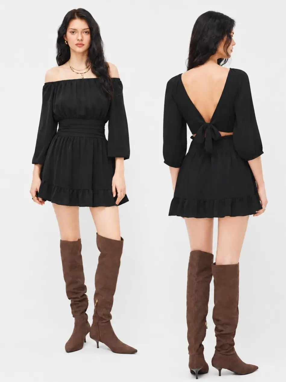 Off-the-Shoulder Black Dress with Ruffled Hem and Back Tie Detailing for Women