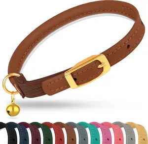 OOPSDOGGY Rolled Leather Cat Collar with Bell - Reflective Kitten Collar with Safety Elastic Strap - Adjustable Small Pet Collars for Boy Girl Cats (Brown) OOPSDOGGY