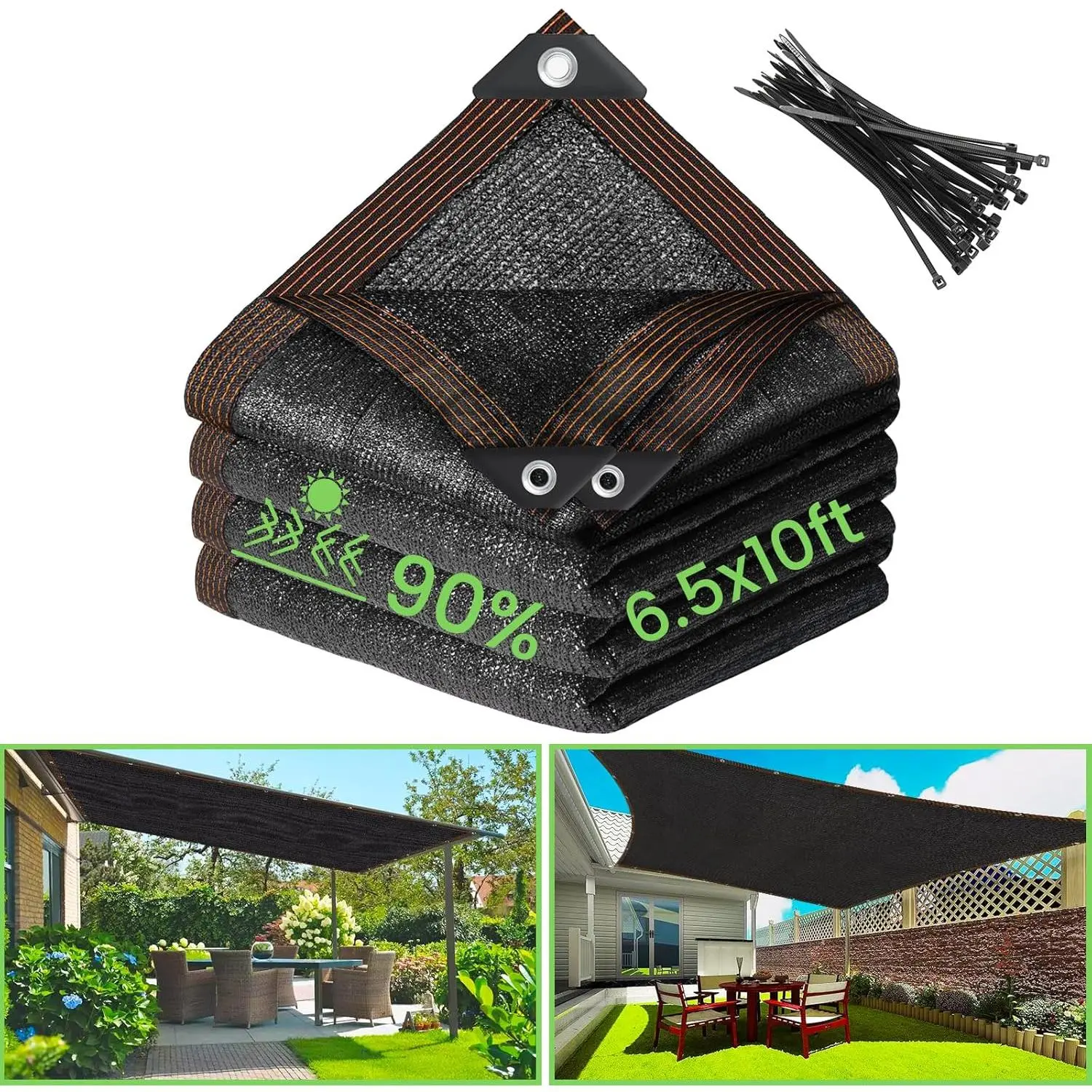 90% Black Shade Cloth- 6.5 x 10 FT Sunblock Garden Shade Cloth, Sun Shade Mesh Tarp with Reinforced Grommets for Greenhouse, Garden, Patio, Backyard, Plants, Pergola, Chicken Coop