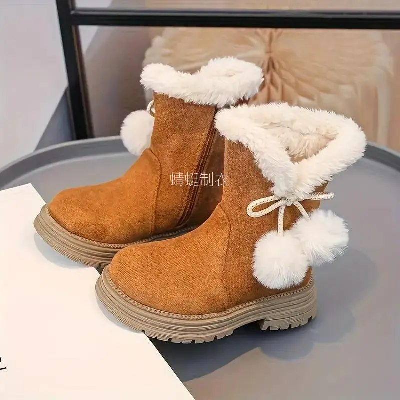 Girls' Winter Ankle Boots for Toddlers & Little Kids, Fabric Upper with Bow & Fluffy Ball Accent, Warm Plush Lining, Side Zip, Durable Rubber TPR Sole, US 10 Little Kid