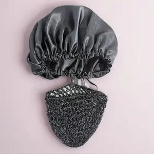 Detachable Satin Hair Wrap & Net Duo with Adjustable Band – Perfect for Silk Press, Curls, and Braids. Reversible Satin Sateen and Handmade Netting for Versatile Styling.