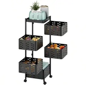 Rotating Kitchen Storage Shelf 3&5 Tier, Metal Fruit Vegetable Storage Basket Multi-Layer Vegetable Rack Storage Trolley on Wheels, Floor-Standing Basket for Kitchen Bathroom, Square multifunctional storage fruit multi-layer (White&Black)