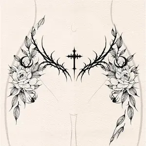 1pcs Dark Thorn Rose Herbal Juice Tattoo Sticker Gothic Sexy Hot Girl Abdominal Temporary Tattoo Waterproof Fake Tattoo Men and Women Halloween Party Gift Y2K Sticker Tattoos