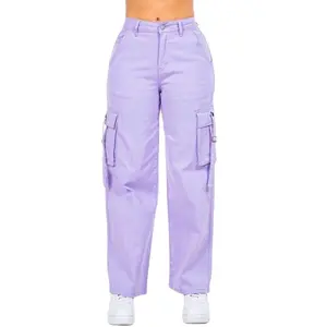 WIDE LEG CARGO POCKET PANTS with Button Waist Closure & Cargo Pockets with Strap Closure - Lavender Color  Womenswear