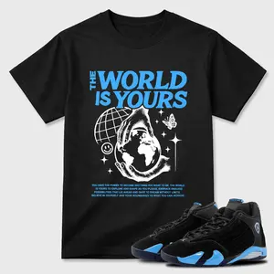 Unisex T-shirt To Match Sneakers Jordan 14 Black & University Blue - The World Is Yours. 100% Cotton for Casual Wear. Comfortable Summer Unisex T-Shirt to match Jordan Sneaker. Streetwear Style. urban outfitters