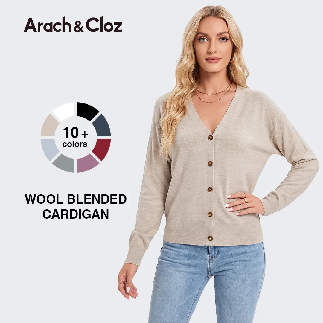 Arach&Cloz 2026 Wool Blended Cardigan Sweaters for Women Spring Fashion Lightweight Button Clothes Business Casual Outfits