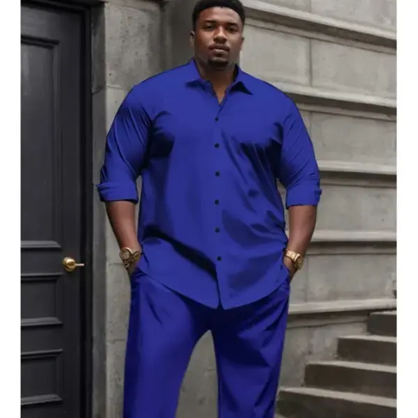 Men's Big & Tall Plain 2-Piece Suit Set - Menswear, Wrinkle-Textured Slight-Stretch Woven Polyester, Lapel Button-Down Shirt, Loose-Fit Straight Pants, Machine Washable, Spring Summer Casual Outdoor Outfit