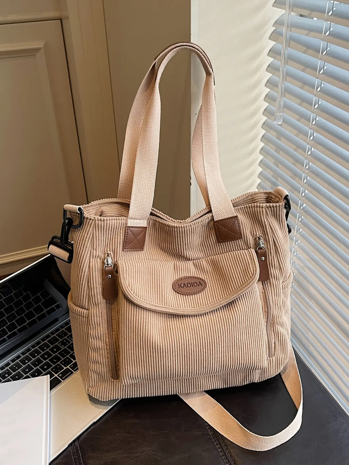 Retro-style minimalist tote bag with practical texture, featuring multiple zipped pockets + detachable shoulder strap. Well-organized compartments, spacious design, suitable for commuting, shopping, and school, Minimalist Corduroy Tote, Commuter Tote Bag