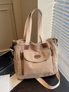 Retro-style minimalist tote bag with practical texture, featuring multiple zipped pockets + detachable shoulder strap. Well-organized compartments, spacious design, suitable for commuting, shopping, and school, Minimalist Corduroy Tote, Commuter Tote Bag
