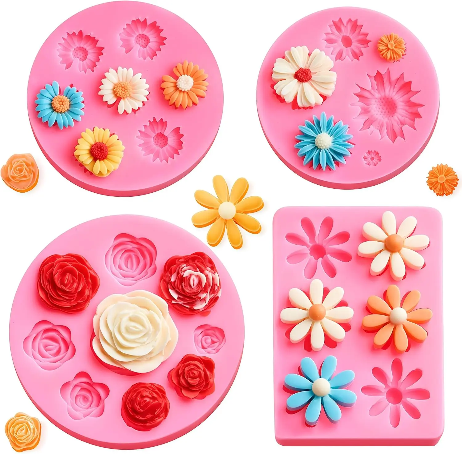 Flower Silicone Fondant Molds, 4 Pack | Daisy Rose Flower Chocolate Candy Molds, Non-Stick, for Cupcake Topper, Cake Pop Decoration