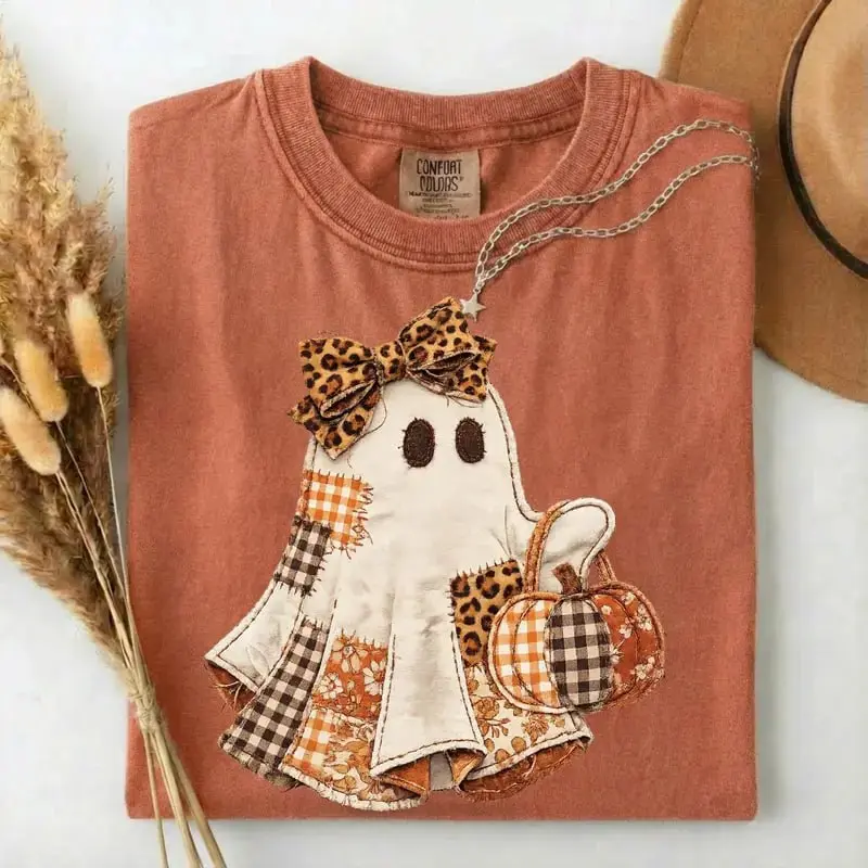 [PRINT] Comfort Colors Faux Patchwork Ghost Shirt, Coquette Halloween Ghost Tee, Cute Pumpkin Ghost Shirt, Spooky Season Top, Fall Shirt