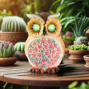 ISUNMEA Hand-Painted Resin Owl Figurine with Glow-in-The-Dark Eyes, Solar-Powered Garden Decor 5.5'' Lawn Ornaments Statue Gardening Gifts for Outside Yard Art Patio   Solar Waterproof Lamp Post Lights