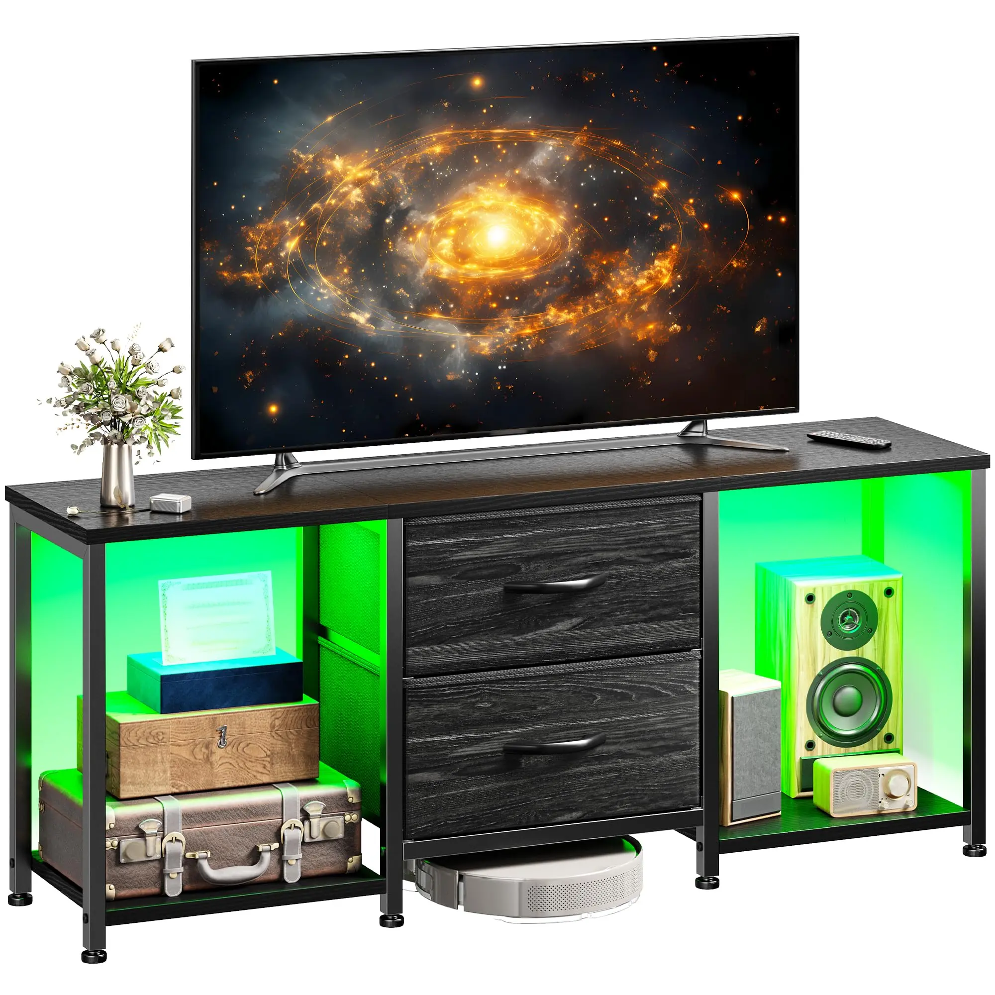 RaybeeFurniture TV Stand for Bedroom with LED Lights, Dresser TV Stand with Two Fabric Drawers and Open Storage Shelves, TV Stands for Living Room, Entertainment Center, TV Console, Wood Top, Metal Frame