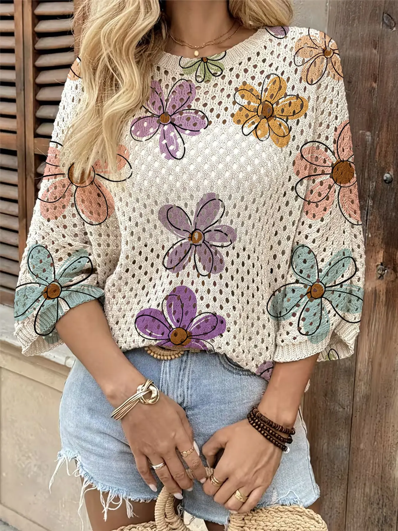 Spring/Summer style, crew neck hollow-out loose batwing sleeve cover-up, color-block floral print women's knitted top, vacation style, Summer Coverup, Beach Cover Ups, Beachwear Cover Up, casual for commuting, bikini cover-up, Sheer Cover Up