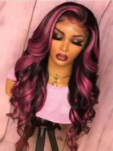 GK Highlight Lace Front Wig Human Hair 13x6 1B/Pink Ombre Lace Front Wig Human Hair Colored 180% Density Body Wave HD Lace Frontal Wigs Human Hair 26 Inch Skunk Stripe Ombre Pink Wig Human Hair