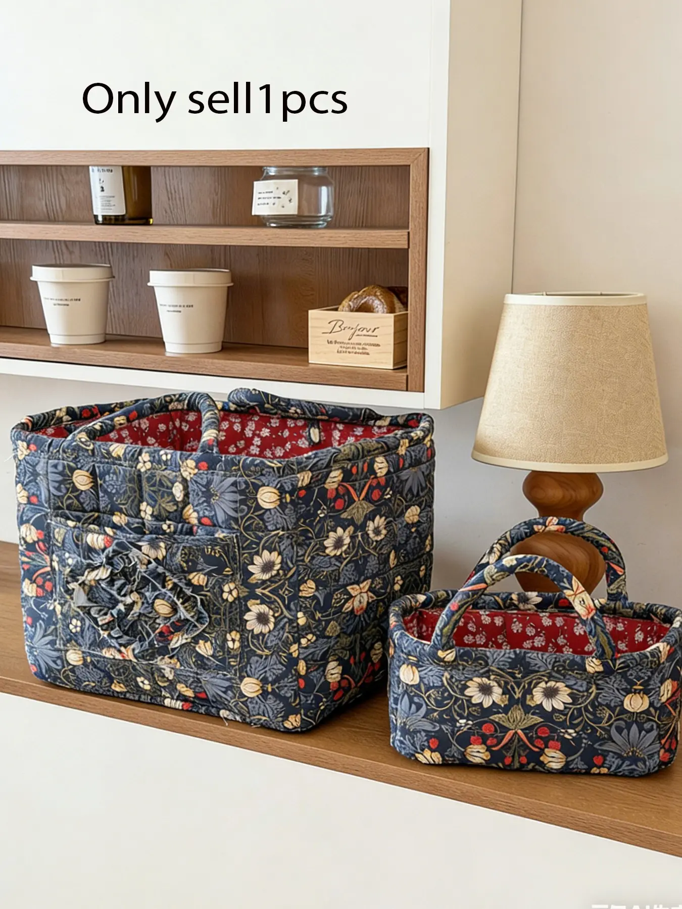 Navy Blue Floral Quilted Basket Bag, Vintage Morris Print Padded Handbag, Quilted Storage Bag with Flower Pocket, Cute Tote Bag for Women, Travel & Home Use, Versatile Storage Bag, Portable Storage Bags
