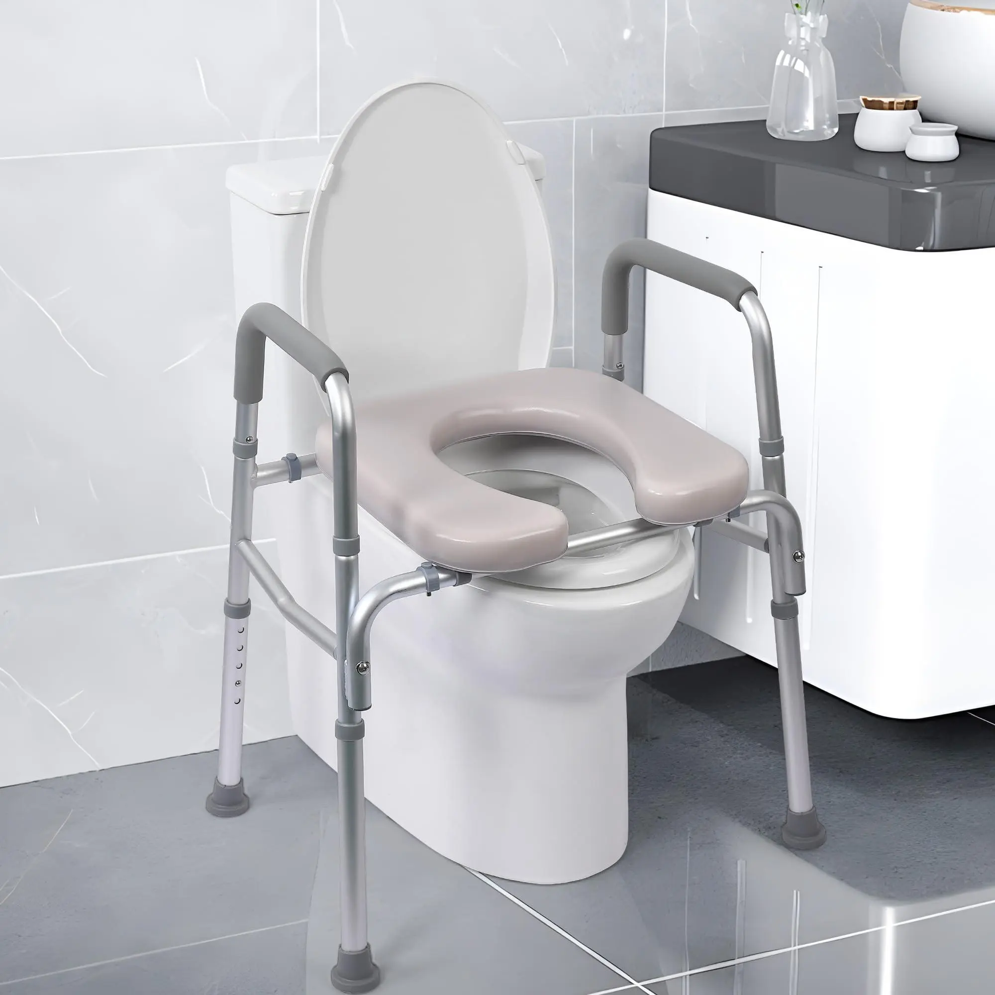 GARVEE Raised Toilet Seat with Cushion and Armrests, Adjustable Height, Easy Setup, 350lbs Weight Capacity for Seniors