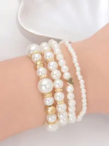 4 Piece Elegant Handmade Beaded Bracelet Set, Artificial Pearl Jewelry for Women, Simple Accessories for Daily Wear and Parties