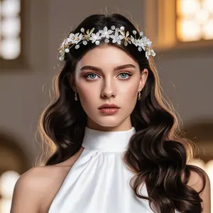 Gold Floral Crown Headband with Crescent Moons and Iridescent Crystals, Statement Halo Tiara for Weddings, Birthdays, and Goddess Costumes, Lightweight Hair Accessory