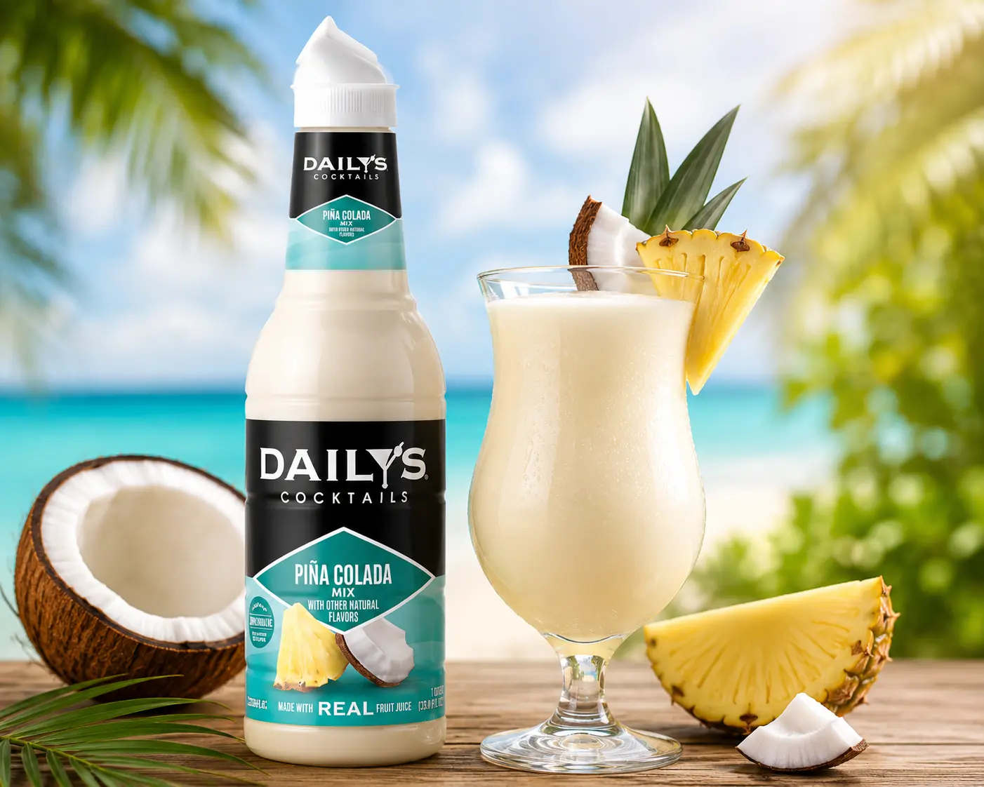 Dailys Pineapple Colada Concentrate Mix - Low Fat Tropical Beverage, Water-Based Ambient Room Temp Drink for Parties, 1L Bottle, Easy to Use, Quick & Easy Drink Prep, Versatile for All Ages