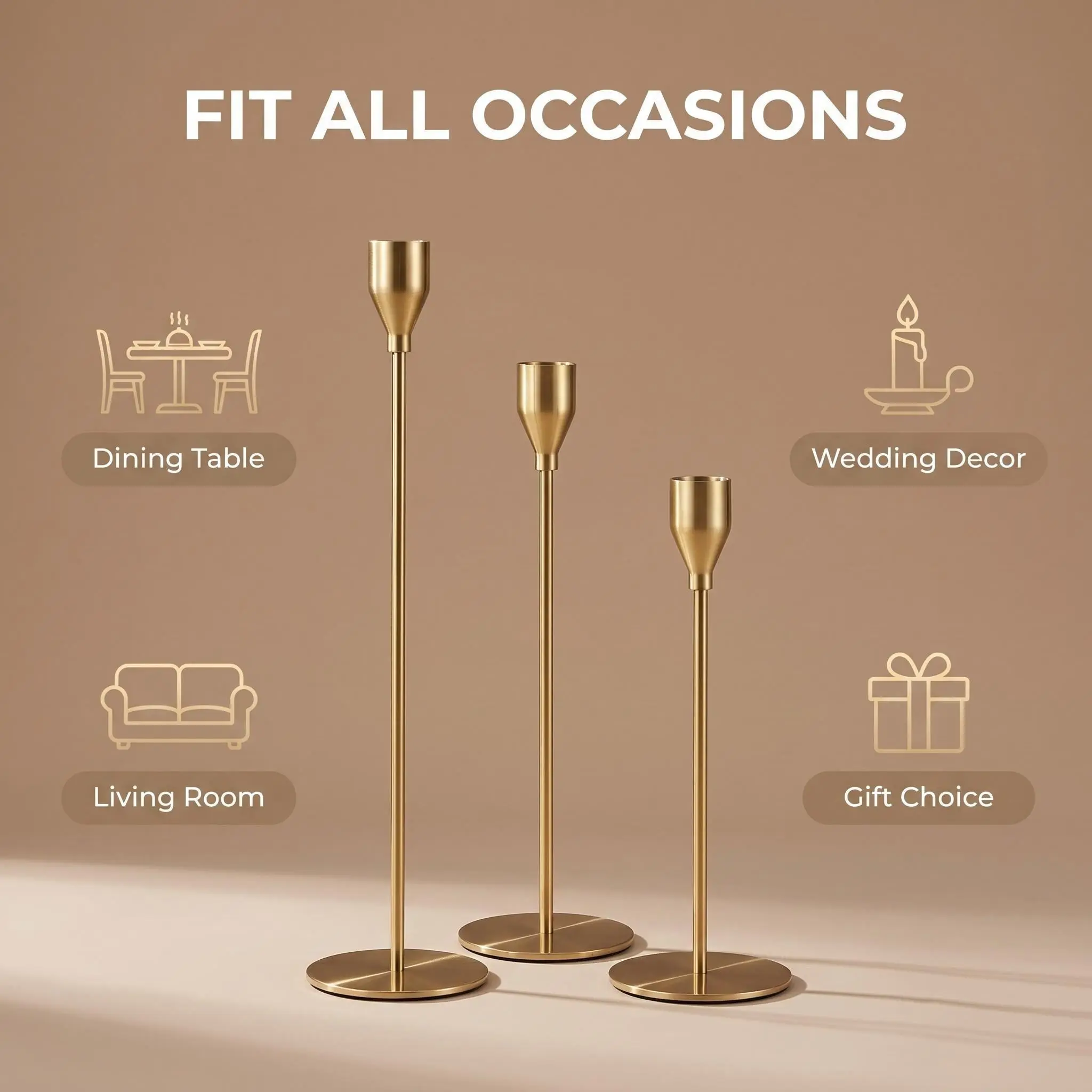 3-Pack Geometric Metal Shatterproof Tall Gold Candleholder Set - Classical Decor, Multi-Purpose Tabletop Mount for Dining Table, Wedding Decor, Ideal for Gift Seekers
